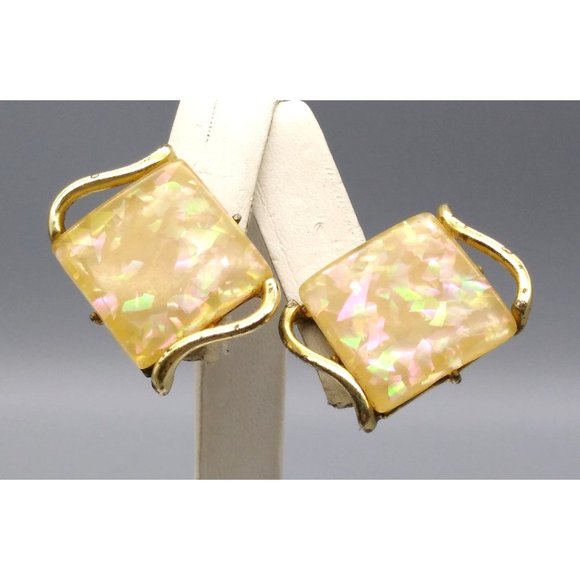 Coro Jewelry - Vintage Coro Faux Opal Earrings Moonglow Chicklet, Gold Tone Squares of Beige